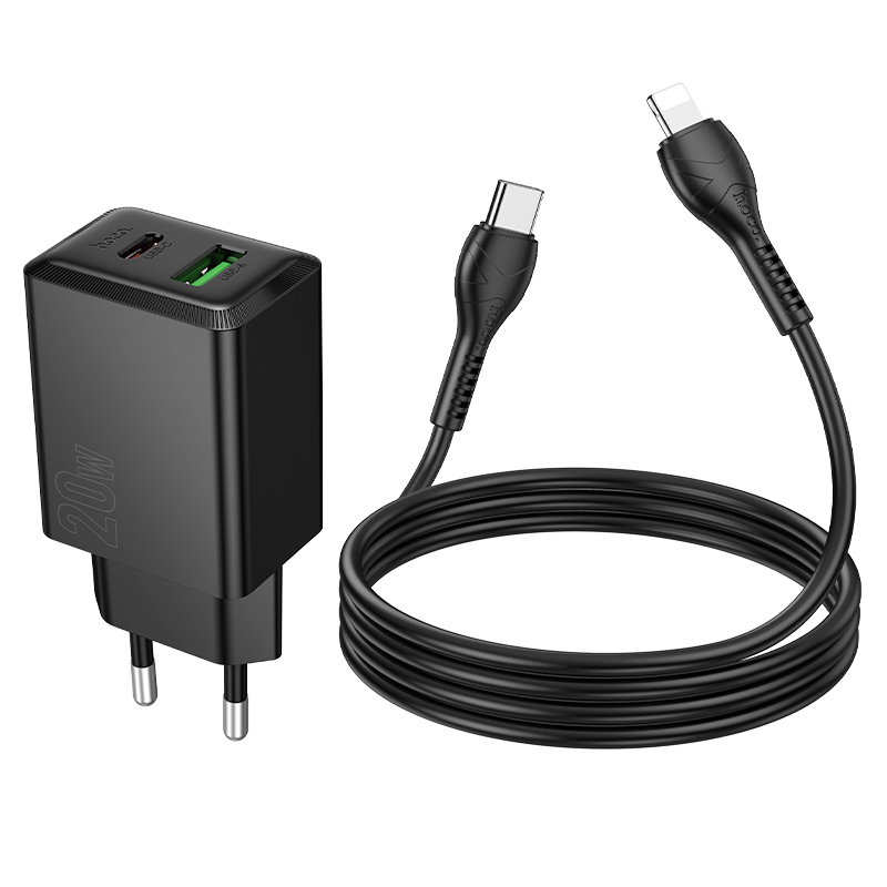 Сетевое зарядное устройство HOCO N69 Nuevo 1xUSB + 1xUSB-C с Кабелем Type-C - Lightning, 3A, 20W, черный фото