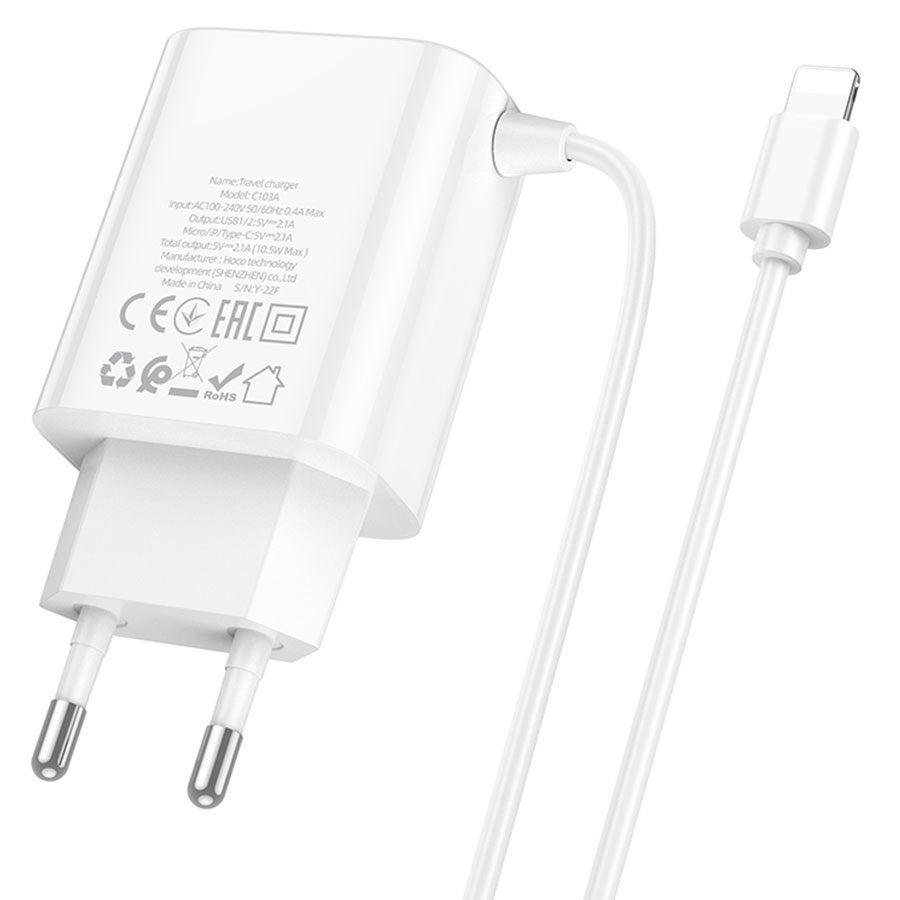 Сетевое зарядное устройство HOCO C103A Courser 2xUSB с Кабелем Lightning, 2.1A, 10.5W, белый фото