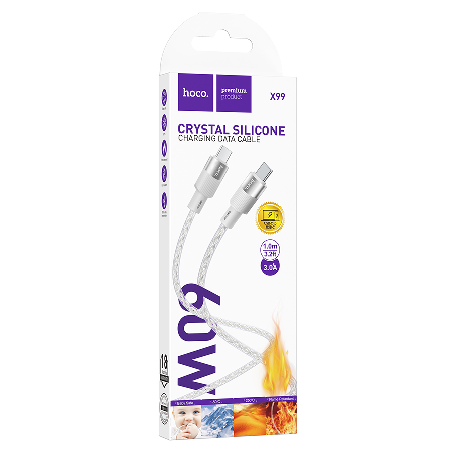 Кабель USB-C HOCO X99 Crystal junction Type-C - Type-C, 3A, 1 м, серый фото