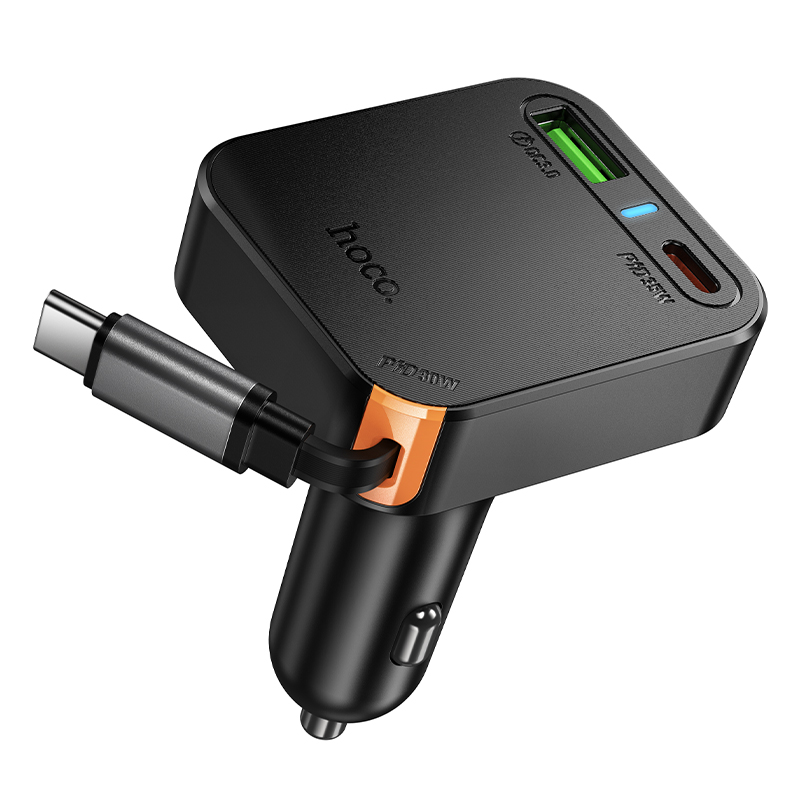 Автомобильное зарядное устройство HOCO NZ18 Guardian, 1xUSB + 2xUSB-C с Кабелем Type-C, 3A, 65W, черный фото