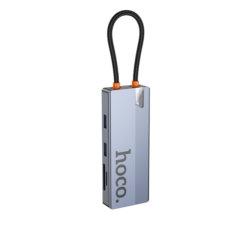 Переходник/Адаптер HOCO HB52 Wow 8 в 1 Type-C (m) - 2xUSB3.0 + Type-C PD + USB-C + HDMI + SD/TF + RJ45, 19 см, серый металлик фото