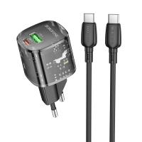 Сетевое зарядное устройство BOROFONE BN17 Sunlight 1xUSB + 1xUSB-C с Кабелем Type-C - Type-C, 3A, 20W, прозрачный черный фото