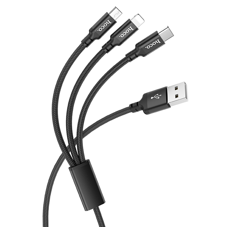 Кабель USB HOCO X14 Times speed 3 в 1 USB - Type-C + Lightning + MicroUSB, 2А, 1 м, черный фото