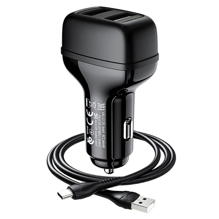 Автомобильное зарядное устройство HOCO Z36 Leader, 2xUSB с Кабелем USB - Type-C, 2.4A, черный фото