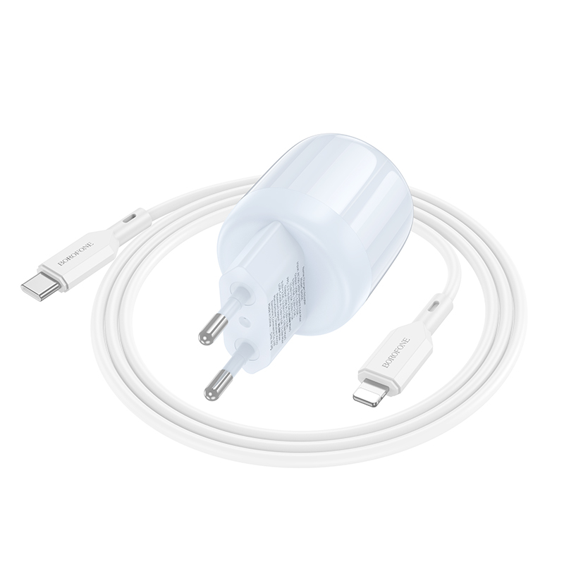 Сетевое зарядное устройство BOROFONE BA94A Lustrous 1xUSB + 1xUSB-C с Кабелем Type-C - Lightning, 3A, 30W, синий фото