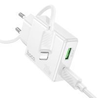 Сетевое зарядное устройство HOCO C142A Direct 1xUSB + 1xUSB-C с Кабелем Type-C - Lightning, 3A, 20W, белый фото