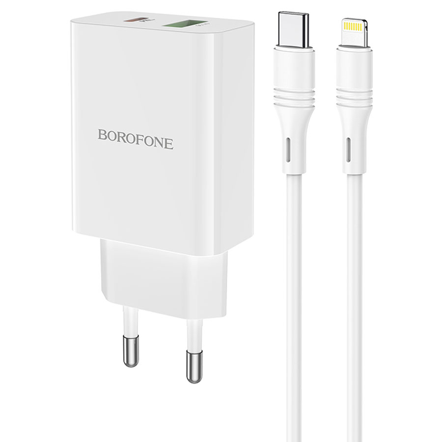 Сетевое зарядное устройство BOROFONE BA56A Lavida 1xUSB + 1xUSB-C с Кабелем Type-C - Lightning, 3.0A, 18W, белый фото