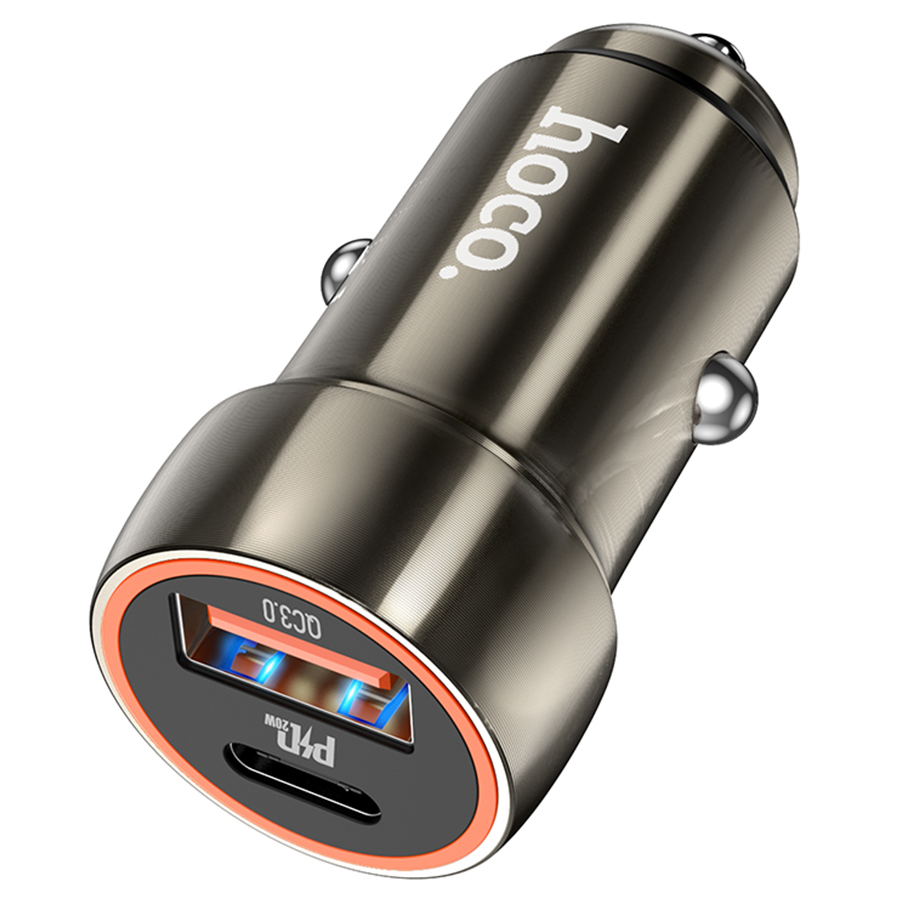 Автомобильное зарядное устройство HOCO Z46A Blue whale, 1xUSB + 1xUSB-C, 3A, 20W, серый металлик фото
