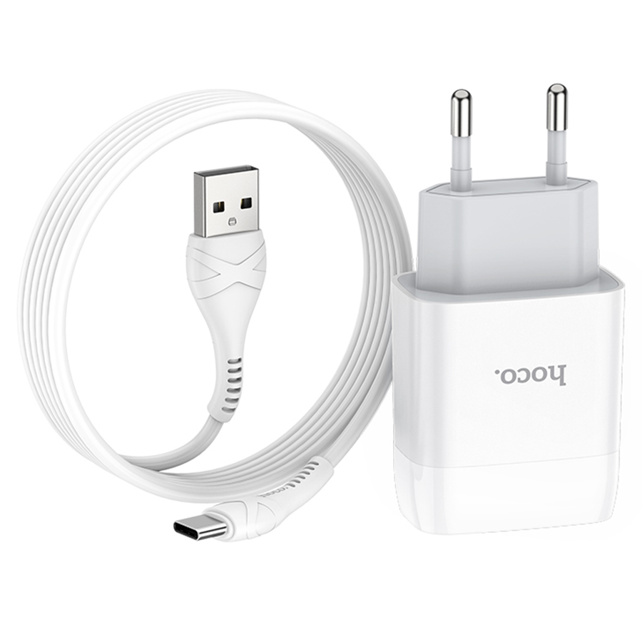 Сетевое зарядное устройство HOCO C72A Glorius single 1xUSB с Кабелем USB - Type-C, 2.1A, 10W, белый фото