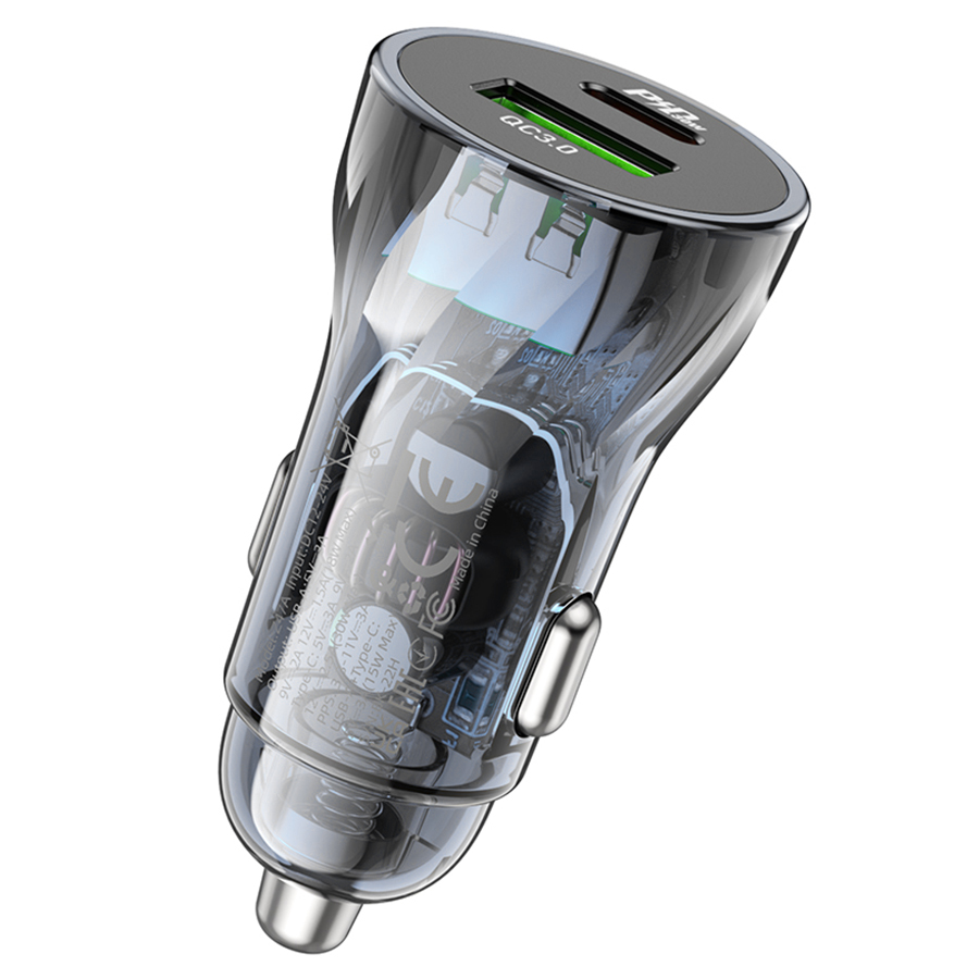 Автомобильное зарядное устройство HOCO Z47A Transparent Discovery, 1xUSB + 1xUSB-C, 3A, 20W, темно-прозрачный фото