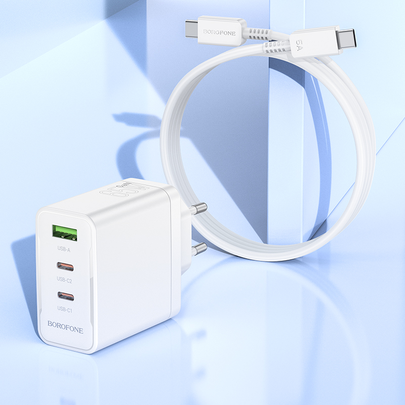 Сетевое зарядное устройство BOROFONE BN12 Manager 1xUSB + 2xUSB-C с Кабелем Type-C - Type-C, 65W, белый фото