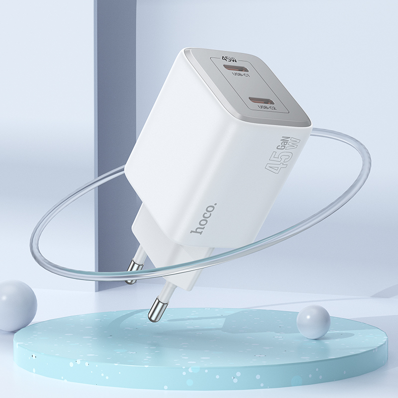 Сетевое зарядное устройство HOCO N42 Elogiado 2xUSB-C с Кабелем Type-C - Lightning, 45W, белый фото