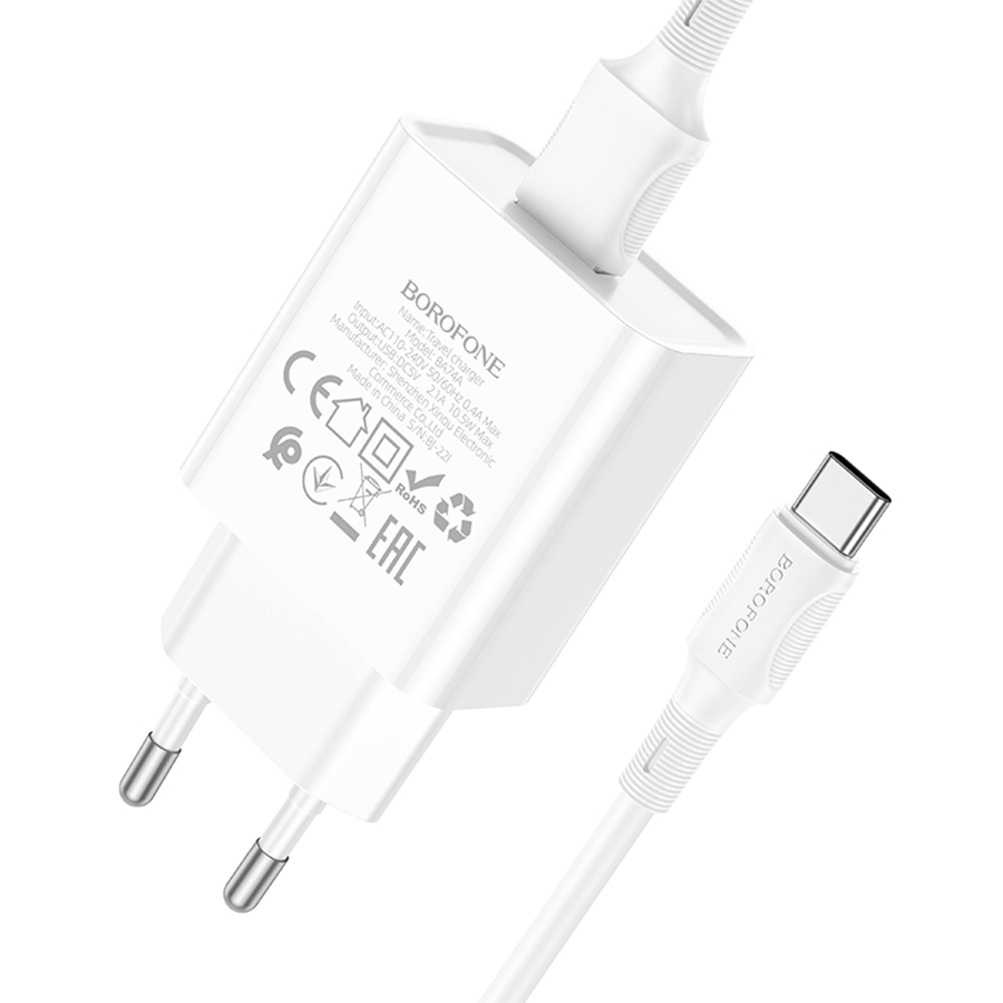 Сетевое зарядное устройство BOROFONE BA74A Aspirer 1xUSB с Кабелем USB - Type-C, белый фото