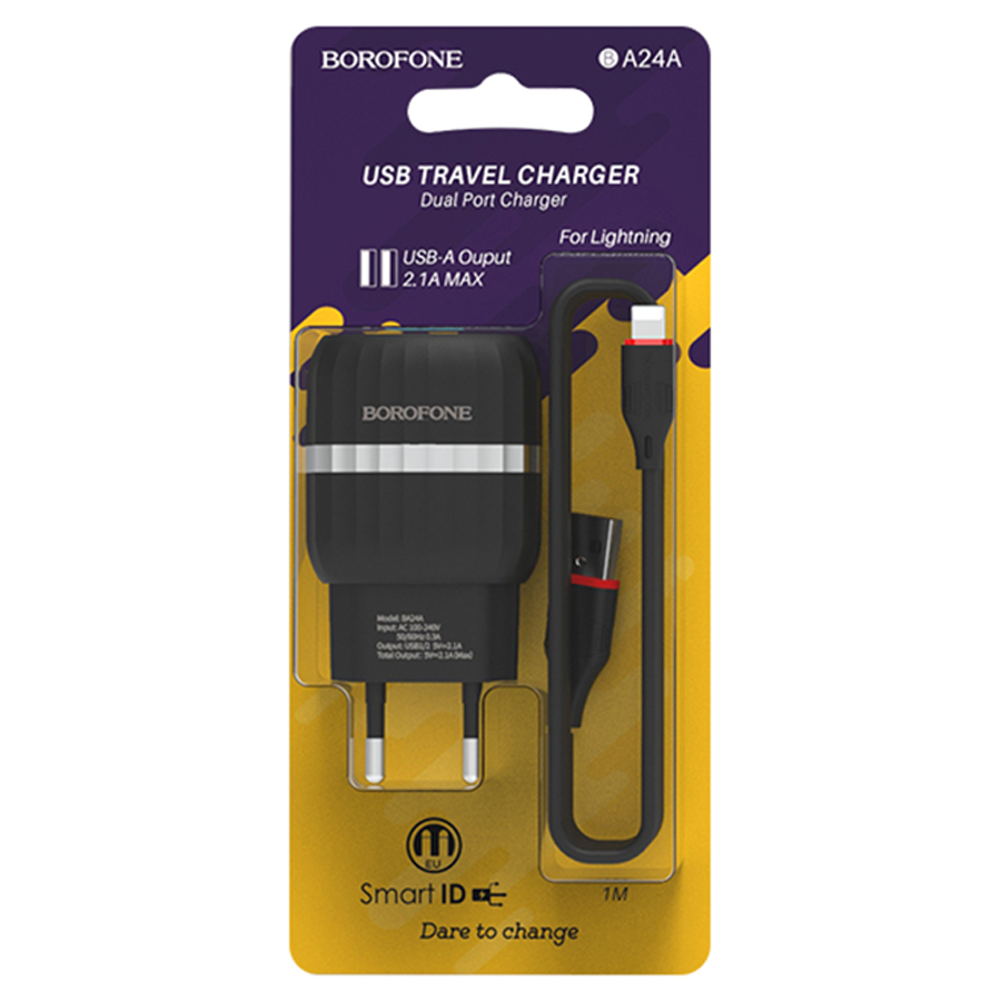 Сетевое зарядное устройство BOROFONE BA24A Vigour 2xUSB с Кабелем USB - Lightning, 2.4A, черный фото