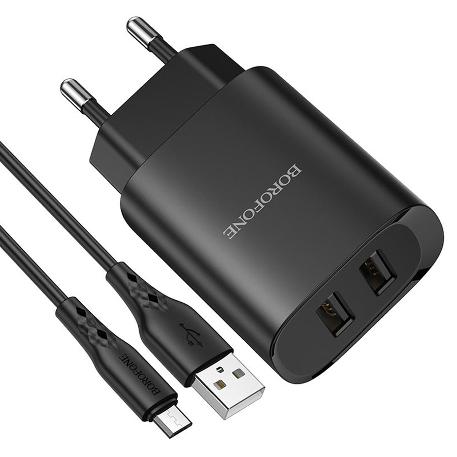 Сетевое зарядное устройство BOROFONE BN2 super fast 2xUSB с Кабелем USB - Micro, 2.1A, черный фото