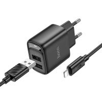 Сетевое зарядное устройство HOCO C141A Smart 2xUSB с Кабелем USB - Lightning, 2.1A, черный фото