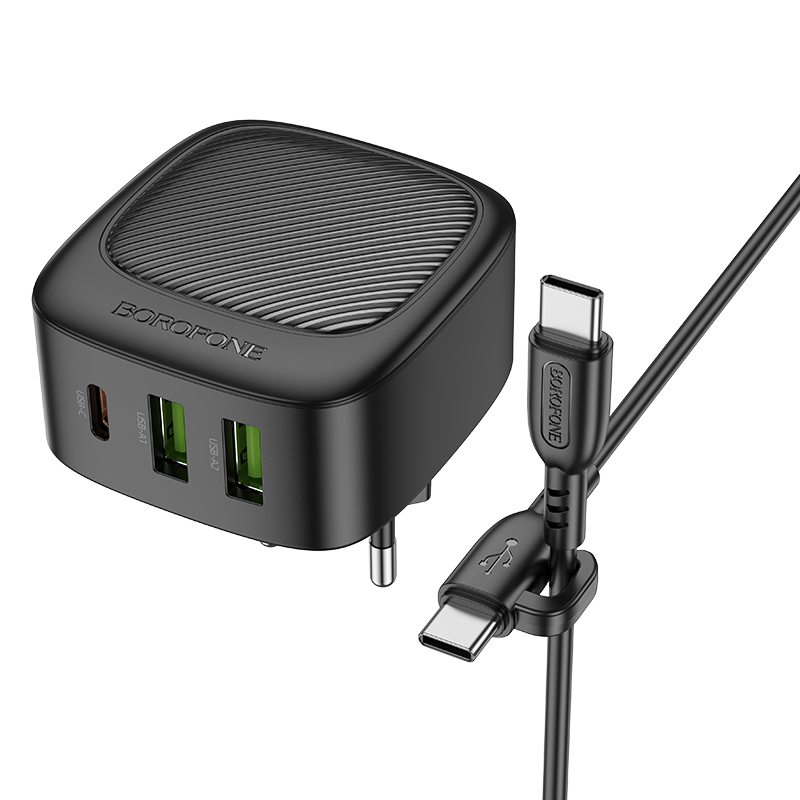 Сетевое зарядное устройство BOROFONE BAS23A Lucky 1xUSB + 2xUSB-C с Кабелем Type-C - Type-C, 3A, 30W, черный фото