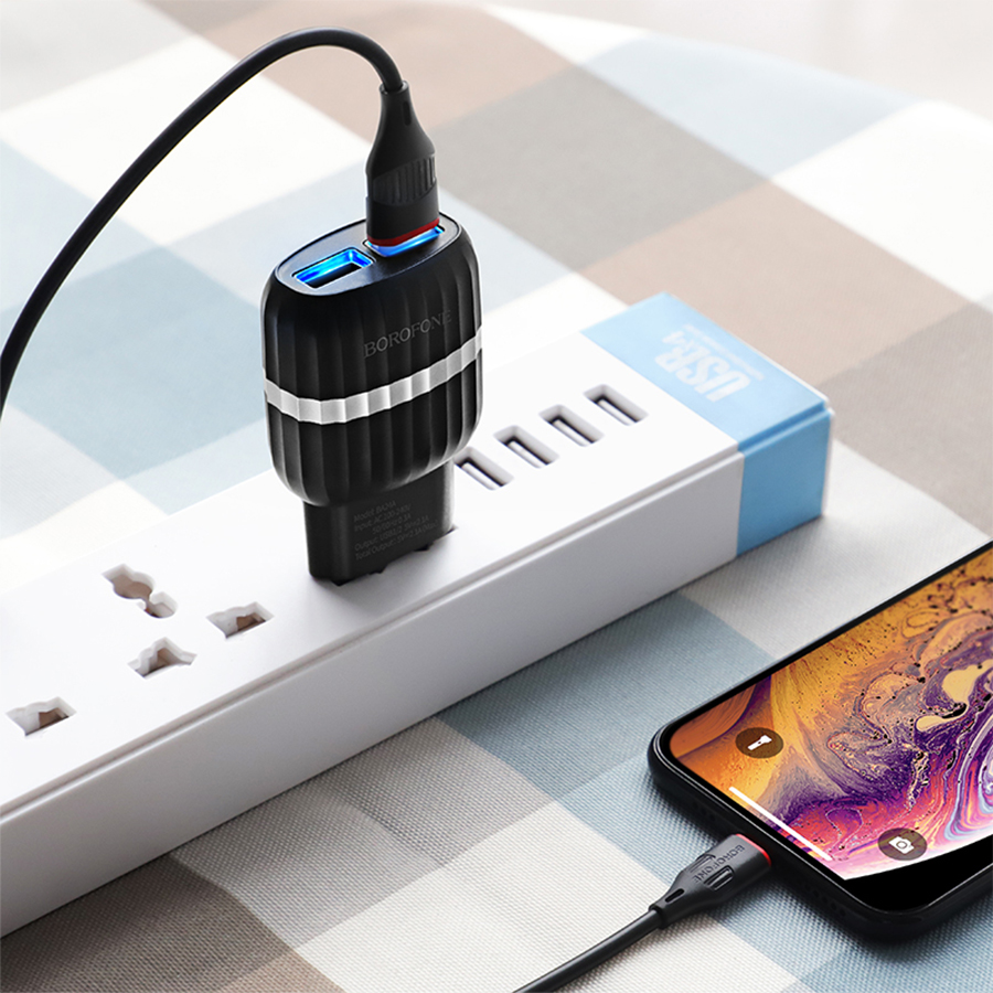Сетевое зарядное устройство BOROFONE BA24A Vigour 2xUSB с Кабелем USB - Lightning, 2.4A, черный фото