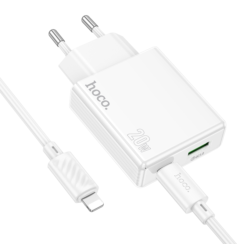 Сетевое зарядное устройство HOCO C142A Direct 1xUSB + 1xUSB-C с Кабелем Type-C - Lightning, 3A, 20W, белый фото