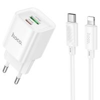 Сетевое зарядное устройство HOCO C147A Charm 1xUSB + 1xUSB-C с Кабелем Type-C - Lightning, 3A, 20W, белый фото