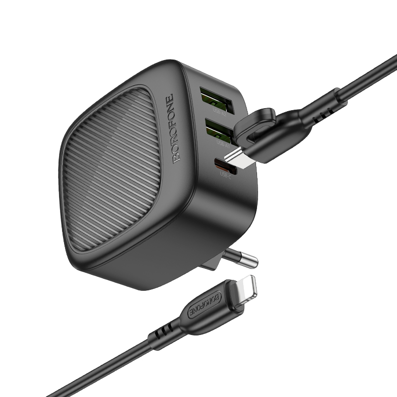 Сетевое зарядное устройство BOROFONE BAS23A Lucky 1xUSB + 2xUSB-C с Кабелем Type-C - Lightning, 3A, 30W, черный фото