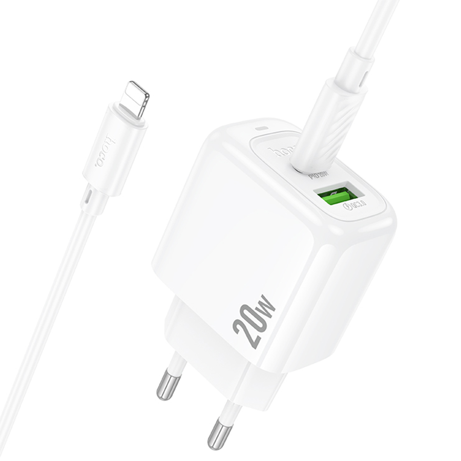 Сетевое зарядное устройство HOCO CS54A Surplus 1xUSB + 1xUSB-C с Кабелем Type-C - Lightning, 20W, белый фото