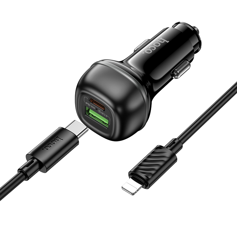 Автомобильное зарядное устройство HOCO Z58A Rank, 1xUSB + 1xUSB-C с Кабелем Type-C - Lightning, 48W, черный фото
