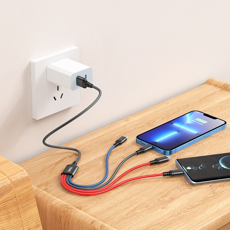 Кабель USB HOCO X76 4 в 1 USB - 2xType-C + MicroUSB + Lightning, 2А, 1 м, черный+красный+синий фото
