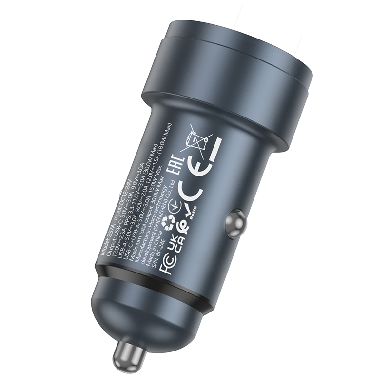 Автомобильное зарядное устройство HOCO Z57A Glorious, 1xUSB + 1xUSB-C, 3A, 30W, серый металлик фото