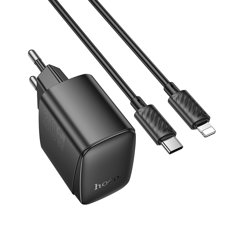 Сетевое зарядное устройство HOCO CS61A Bright 1xUSB + 1xUSB-C с Кабелем Type-C - Lightning, 3A, 30W, черный фото