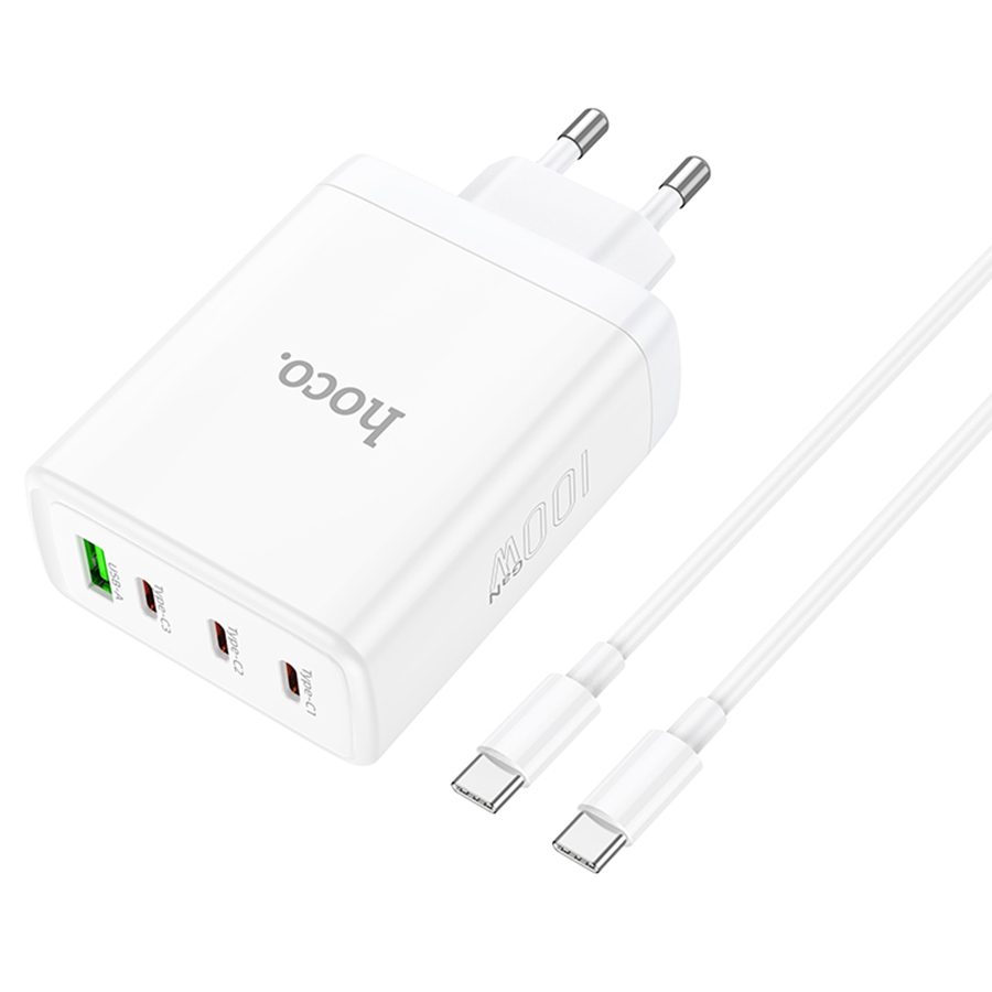 Сетевое зарядное устройство HOCO N31 Leader 1xUSB + 3xUSB-C с Кабелем Type-C - Type-C, 5A, 100W, белый фото