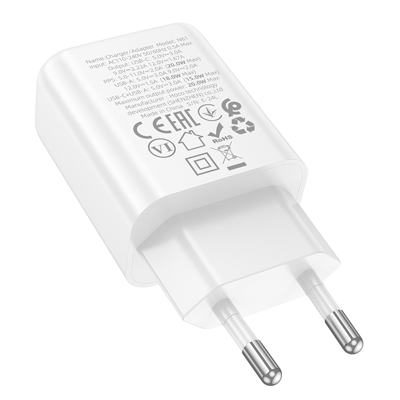 Сетевое зарядное устройство HOCO N61 Gentle 1xUSB + 1xUSB-C, 3A, 20W, белый фото