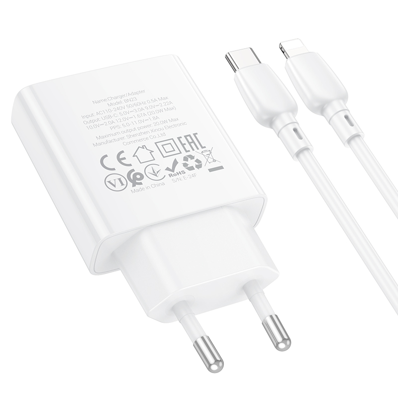 Сетевое зарядное устройство BOROFONE BN23 Wish 1xUSB-C с Кабелем Type-C - Lightning, 20W, белый фото