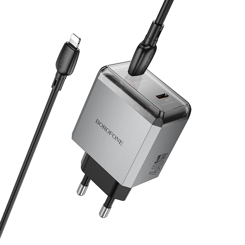 Сетевое зарядное устройство BOROFONE BN21 Lena 2xUSB-C с Кабелем Type-C - Lightning, 40W, серый металлик фото