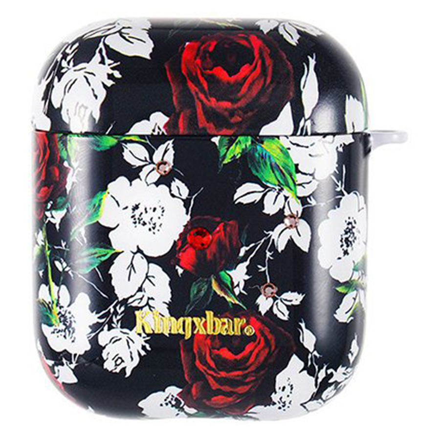 Чехол пластиковый Kingxbar со шнурком для Airpods 2, черный, розы (22) фото