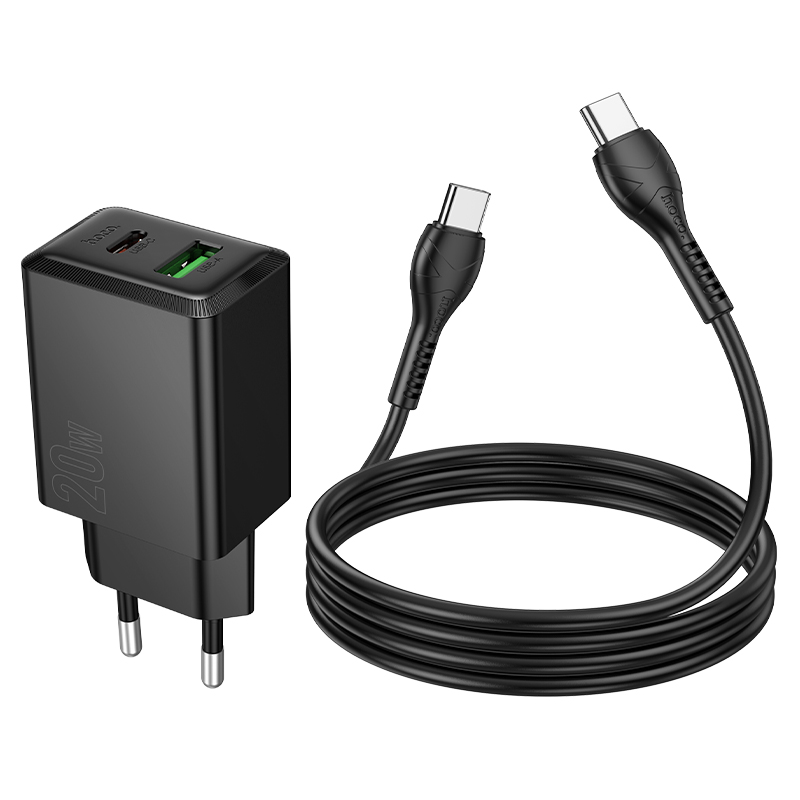 Сетевое зарядное устройство HOCO N69 Nuevo 1xUSB + 1xUSB-C с Кабелем Type-C - Type-C, 3A, 20W, черный фото