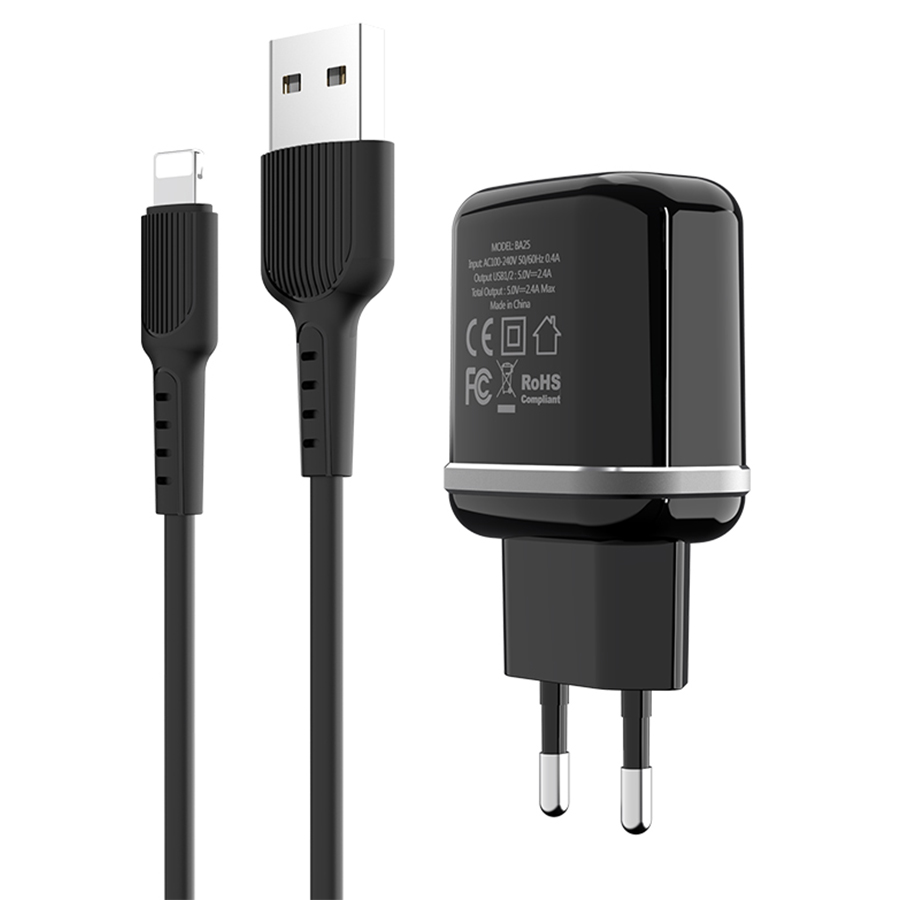 Сетевое зарядное устройство BOROFONE BA25A Outstanding 2xUSB с Кабелем USB - Lightning, 2.4A, черный фото