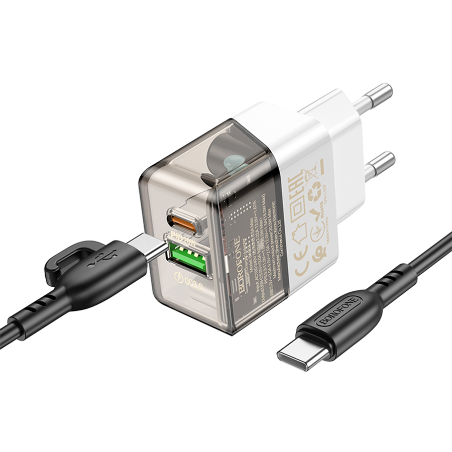 Сетевое зарядное устройство BOROFONE BA80A Scenery 1xUSB + 1xUSB-C с Кабелем Type-C - Type-C, 20W, черный фото
