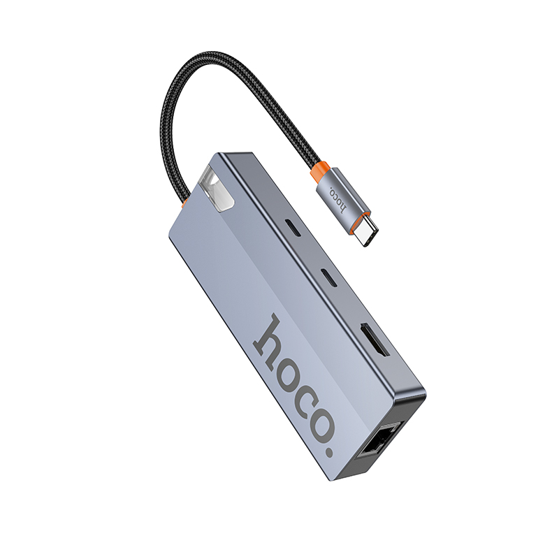 Переходник/Адаптер HOCO HB52 Wow 8 в 1 Type-C (m) - 2xUSB3.0 + Type-C PD + USB-C + HDMI + SD/TF + RJ45, 19 см, серый металлик фото