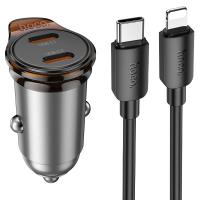 Автомобильное зарядное устройство HOCO NZ16B Rigorous, 2xUSB-C с Кабелем Type-C - Lightning, 45W, серый металлик фото