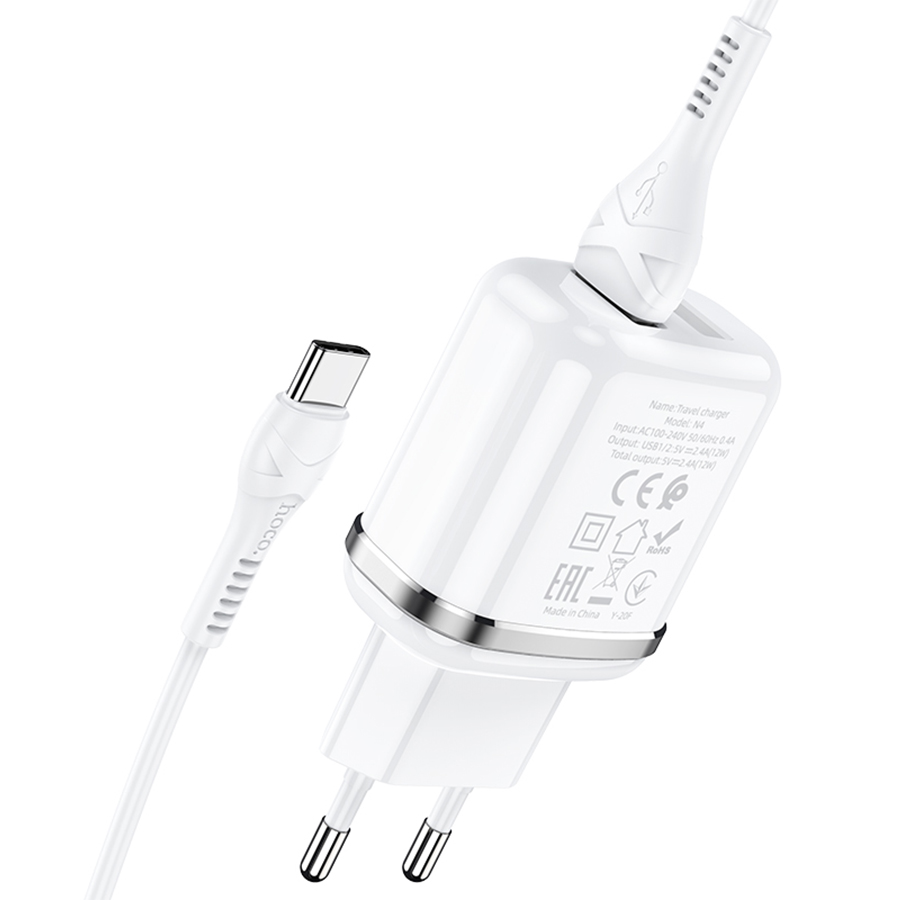 Сетевое зарядное устройство HOCO N4 Aspiring 2xUSB с Кабелем USB - Type-C, 2.4A, 10.8W, белый фото