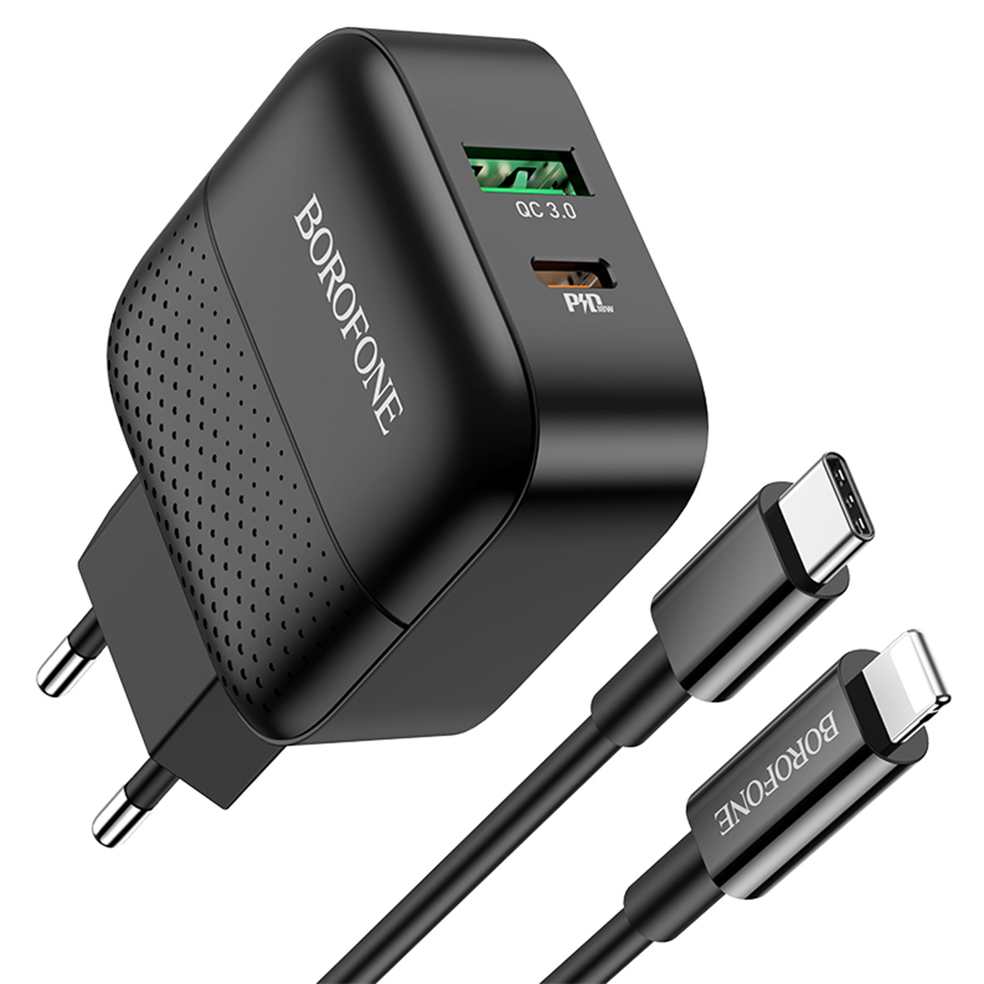 Сетевое зарядное устройство BOROFONE BA46A Premium 1xUSB + 1xUSB-C с Кабелем Type-C - Lightning, 3A, 18W, черный фото