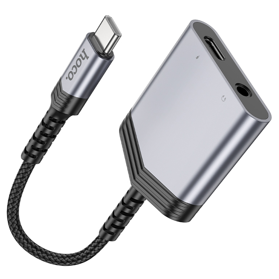 Переходник/Адаптер HOCO LS39 Type-C (m) - Jack 3.5 (f) / Type-C (f), 8 см, серый металлик фото