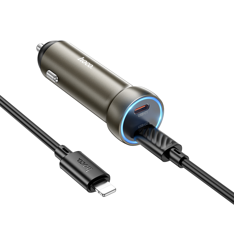 Автомобильное зарядное устройство HOCO Z54B Prosperous, 2xUSB-C с Кабелем Type-C - Lightning, 60W, золотой фото