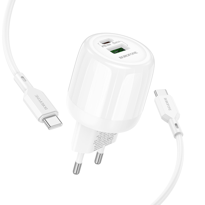 Сетевое зарядное устройство BOROFONE BA93A Lustrous 1xUSB + 1xUSB-C с Кабелем Type-C - Type-C, 3A, 20W, белый фото
