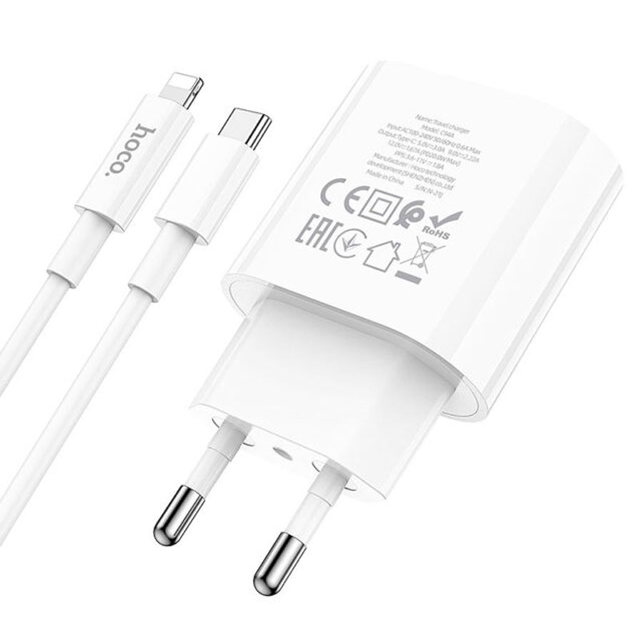 Сетевое зарядное устройство HOCO C94A 1xUSB-C с Кабелем Type-C - Lightning, 3.0A, 20W, белый фото