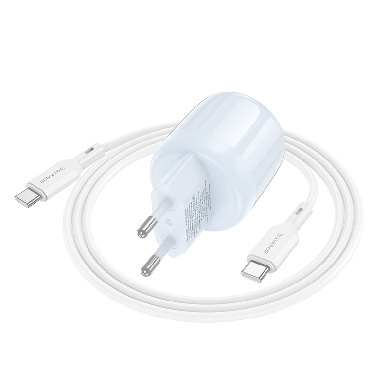 Сетевое зарядное устройство BOROFONE BA94A Lustrous 1xUSB + 1xUSB-C с Кабелем Type-C - Type-C, 3A, 30W, синий фото