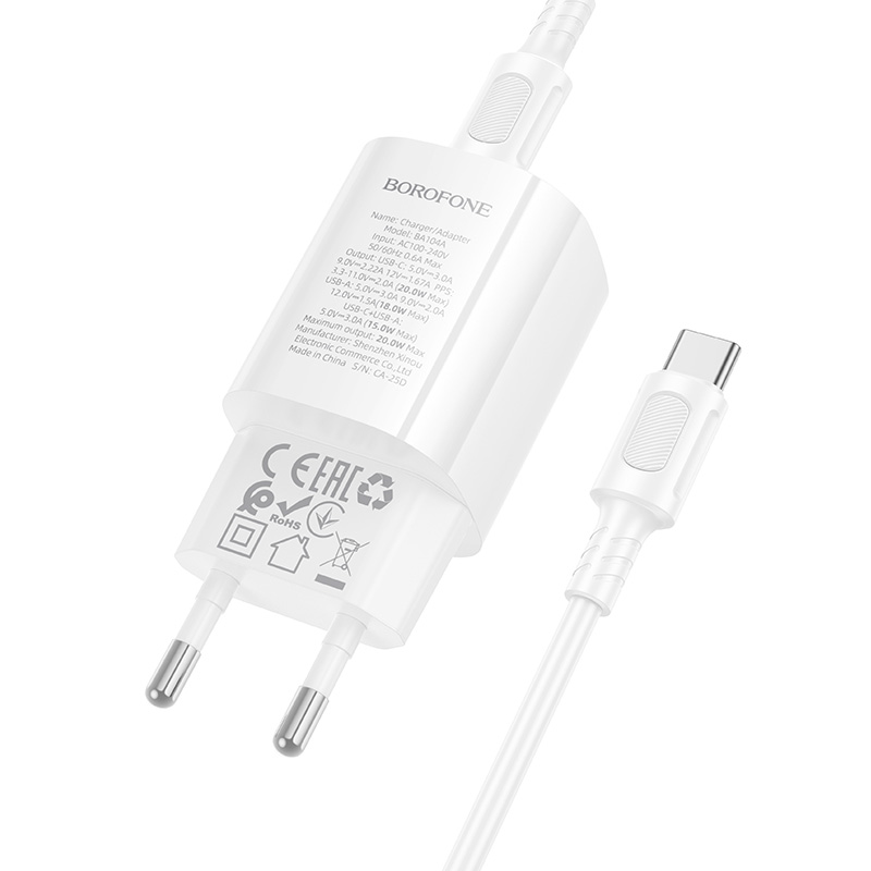 Сетевое зарядное устройство BOROFONE BA104A Pudding 1xUSB + 1xUSB-C с Кабелем Type-C - Type-C, 3A, 20W, белый фото
