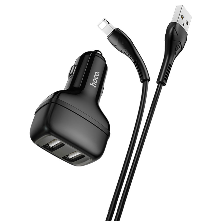 Автомобильное зарядное устройство HOCO Z36 Leader, 2xUSB с Кабелем USB - Lightning, 2.4A, черный фото