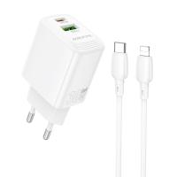 Сетевое зарядное устройство BOROFONE BN29 Fuente 1xUSB + 1xUSB-C с Кабелем Type-C - Lightning, 3A, 30W, белый фото